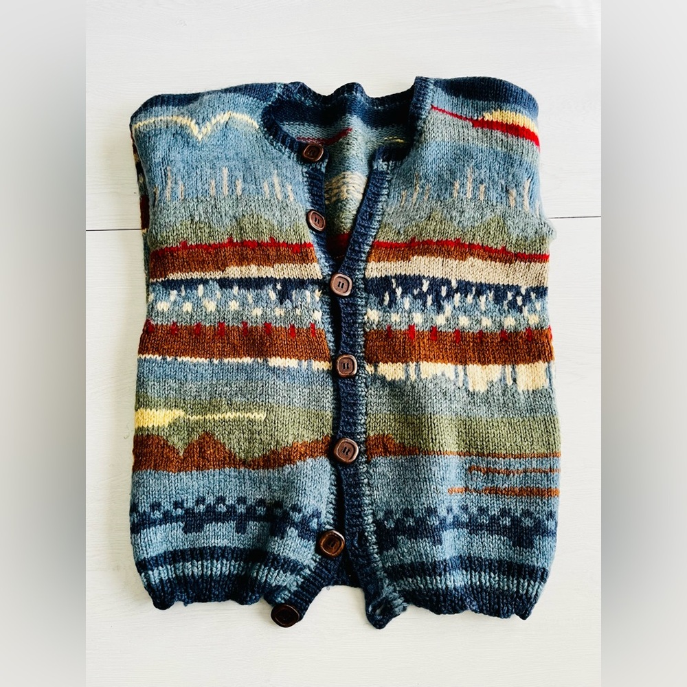 Vintage Wool hand knit landscape Colorful Knit Cardigan with Button Closure - Picture 12 of 14